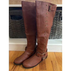 Restricted Brown Leather Tall Riding Boots w Ankle and Heel Straps Size 8